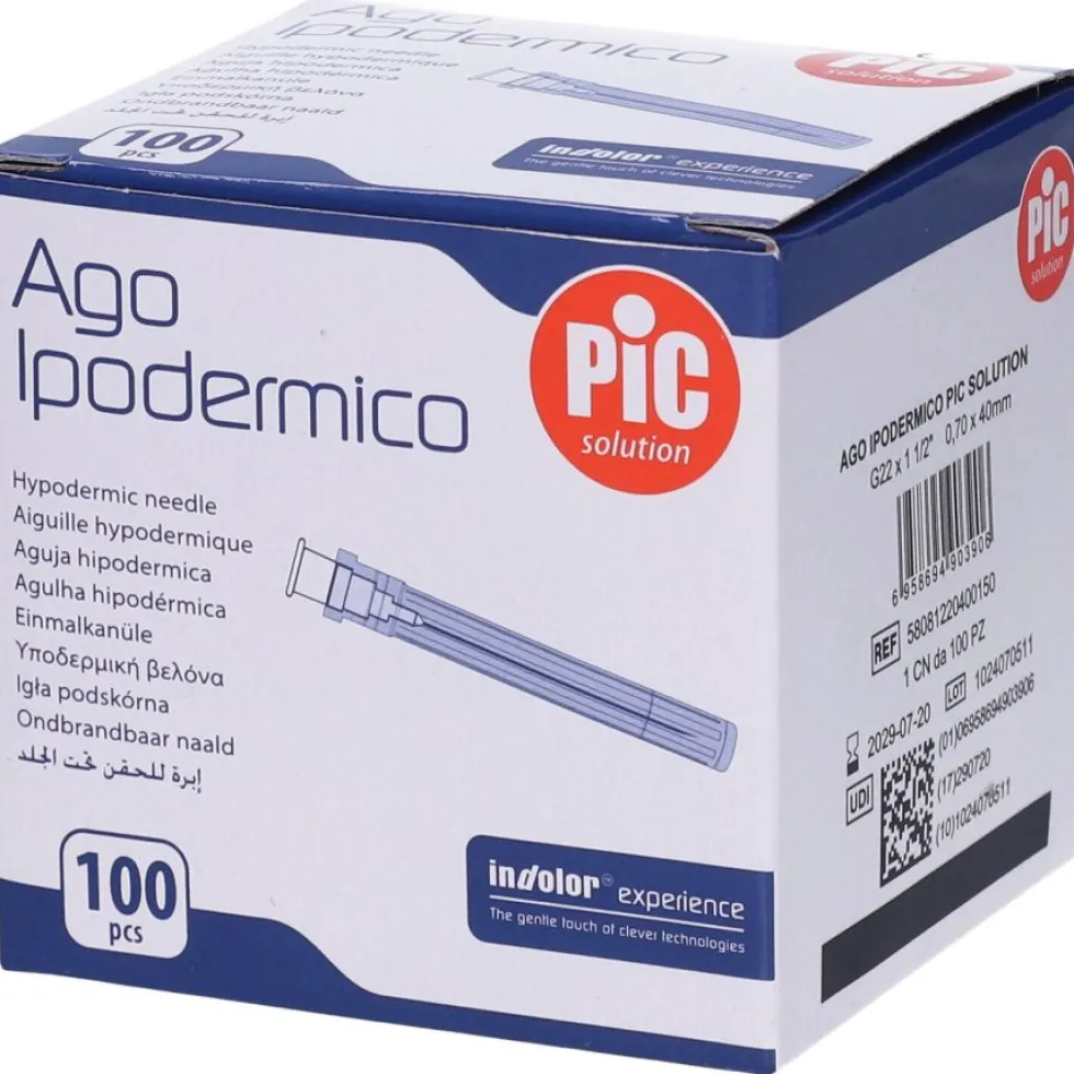 Pic Ago ipodermico G22 1 1/2 - Ago per iniezioni sottocutanee o intramuscolari, 100 aghi