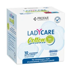 Profar Ladycare - Assorbenti notte in cotone con ali per pelli sensibili, 10 assorbenti