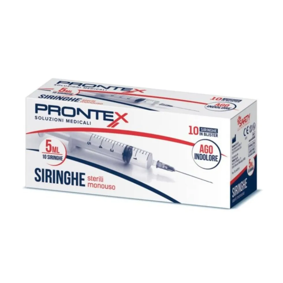 Prontex Siringhe Sterili Monouso Ago Indolore da 5ml, 10 Pezzi