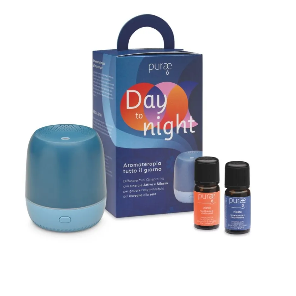 Purae Kit Giorno e Notte - Set per aromaterapia stimolante e rilassante, diffusore e 2 oli da 5 ml