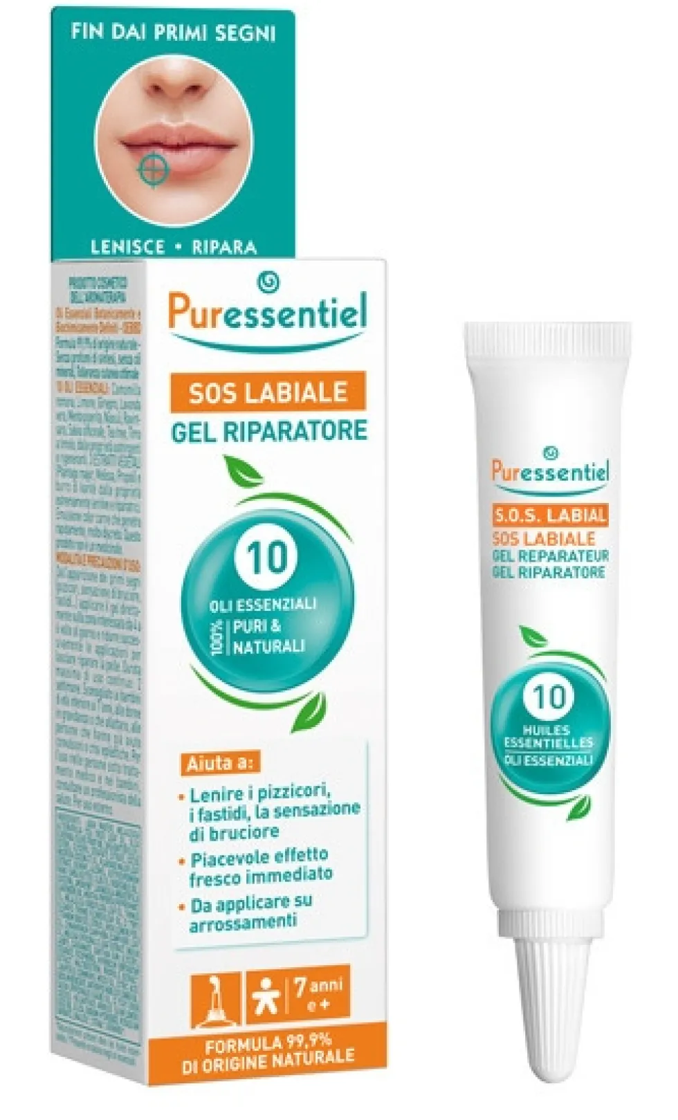 Puressentiel Sos Labiale Gel 10 Oli Essenziali - Gel riparatore per le labbra secche, 5 ml