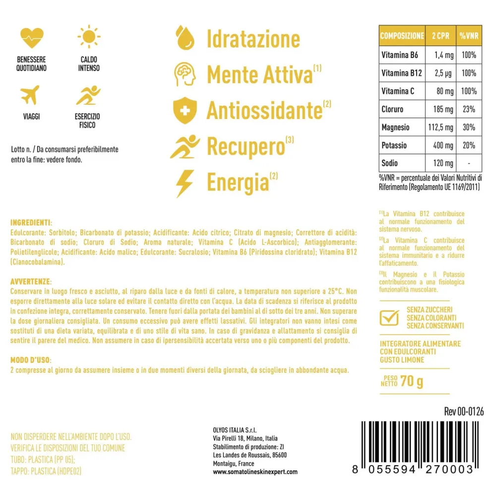 Somatoline HyDrop Electrolyte Integratore per l'idratazione gusto limone, 20 compresse