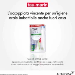 Tau-marin Tau-Kit Medio - Kit da viaggio per l'igiene orale, 1 spazzolino e dentifricio da 20 ml