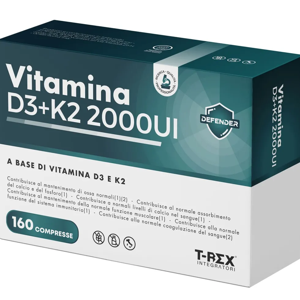T-Rex Vitamina D3 + K2 2000 UI - Integratore alimentare per le ossa e il cuore, 160 compresse