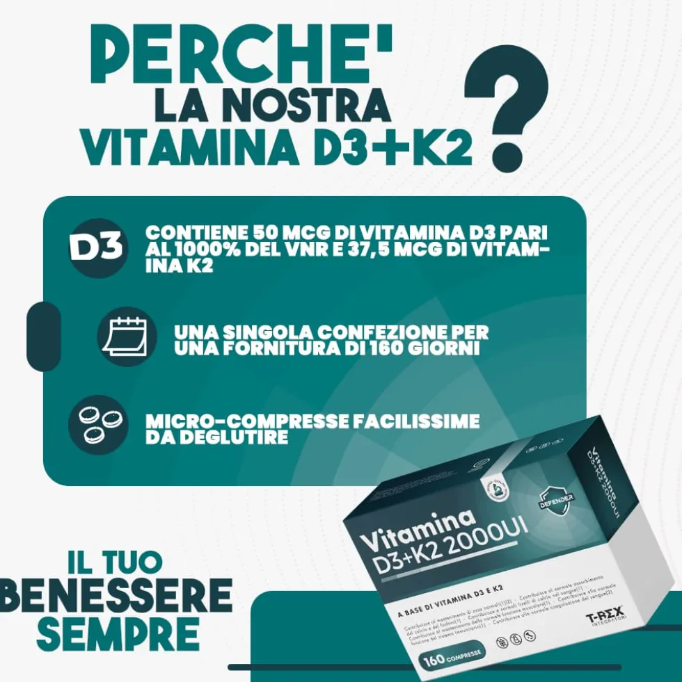 T-Rex Vitamina D3 + K2 2000 UI - Integratore alimentare per le ossa e il cuore, 160 compresse