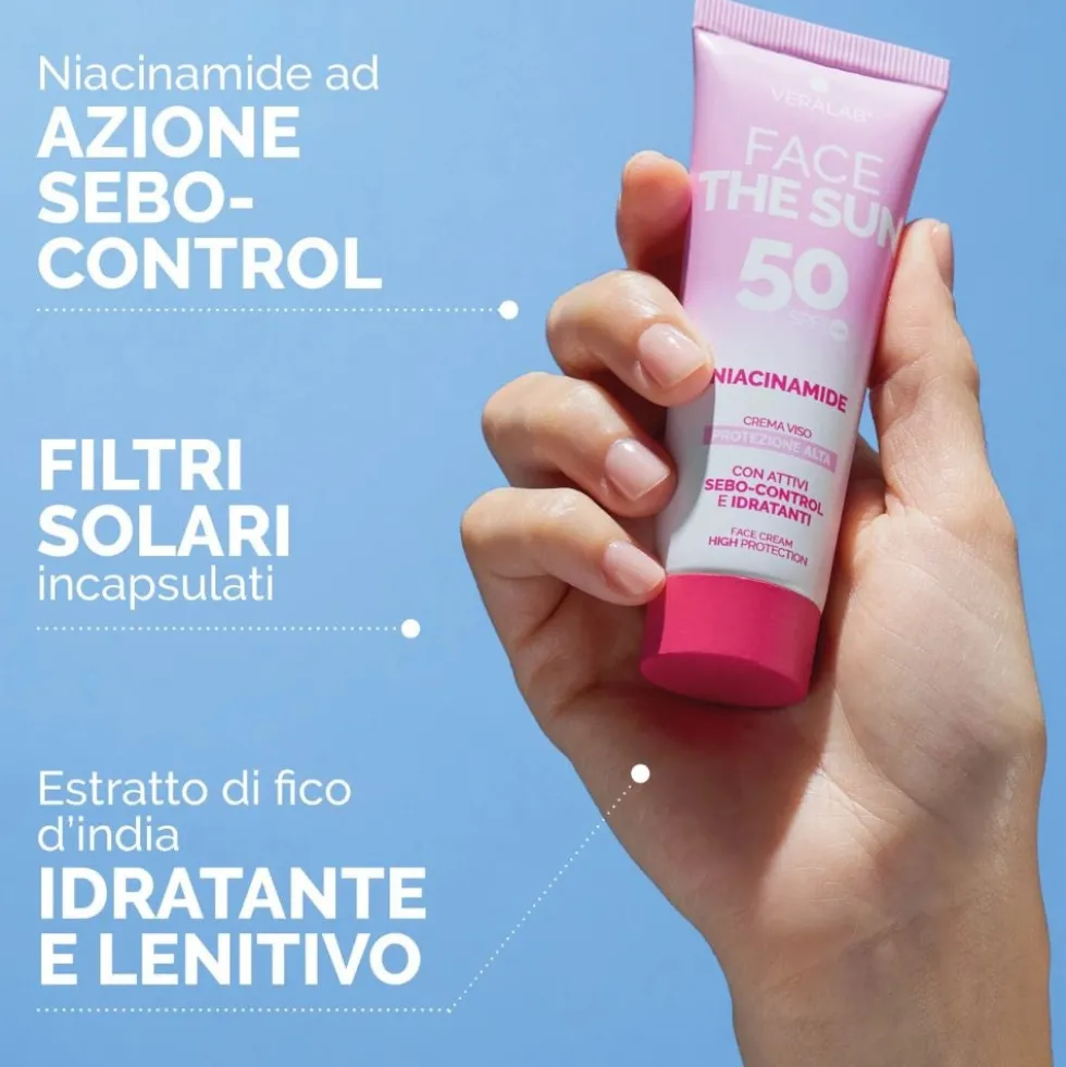 VeraLab Face The Sun Niacinamide - Crema solare viso SPF50 per il controllo del sebo, 50 ml