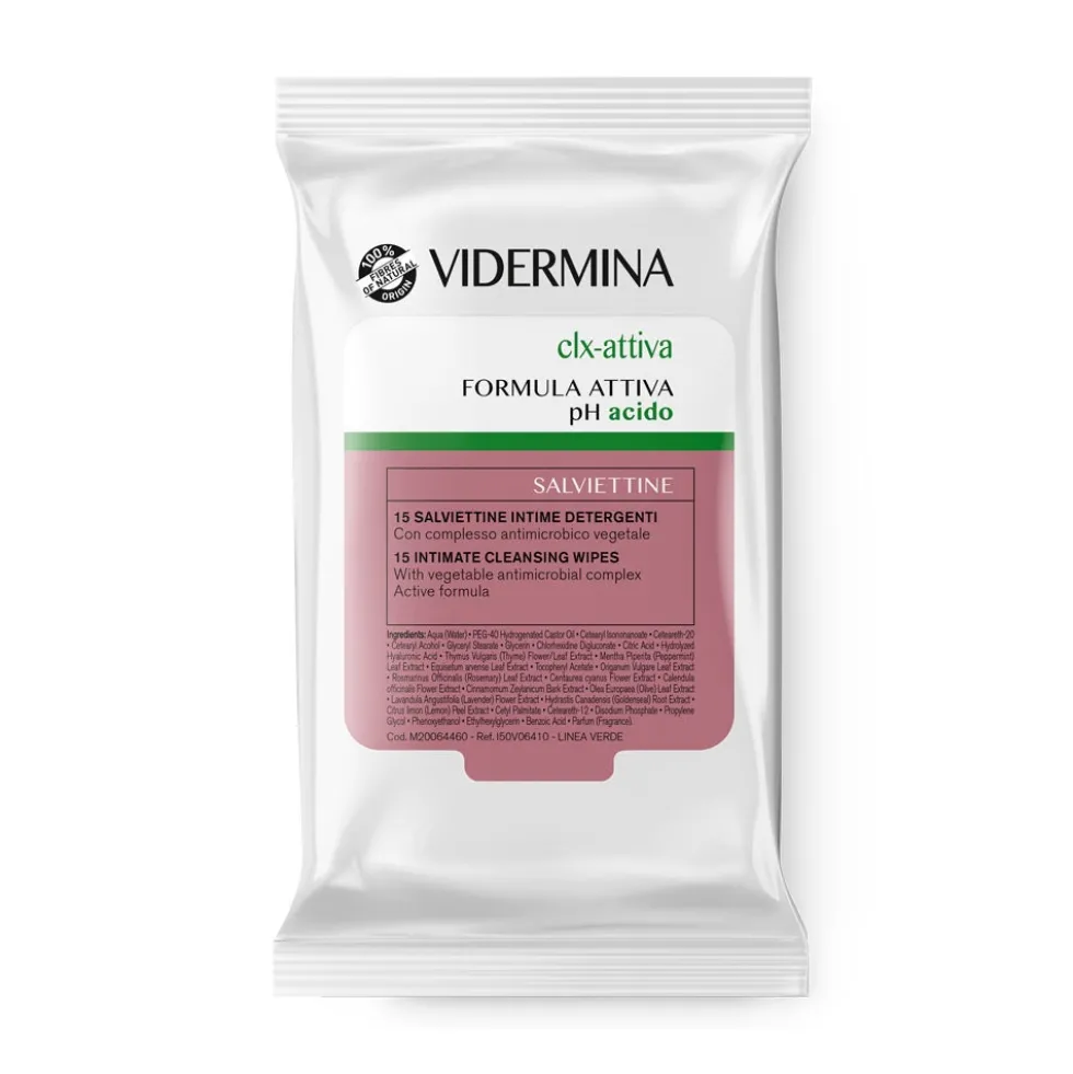 Vidermina Clx Attiva - Salviettine intime detergenti per l'igiene antibatterica, 15 pezzi