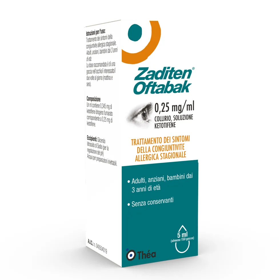 Zaditen Oftabak Collirio Multidose Senza Conservanti 0,25mg/ml Ketotifene Congiuntivite Allergica Stagionale, 5ml