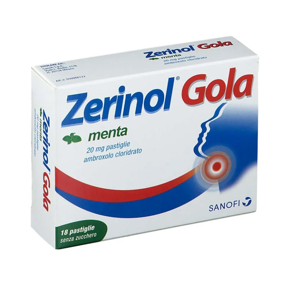 Zerinol Gola Menta 20mg Ambroxolo Cloridrato per Mal di Gola Acuto, 18 Pastiglie