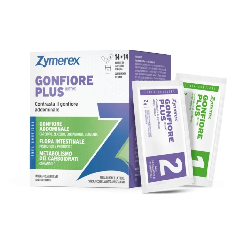 Zymerex Gonfiore Plus - Integratore alimentare per il gonfiore addominale, 14+14 bustine